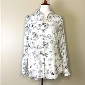 MISHCA Black White Travel Stamp Passport Blouse M